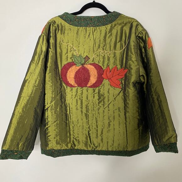 Vintage 90s Green Grannycore Fall Pumpkin Halloween Patchwork Jacket XXL - Picture 3 of 7